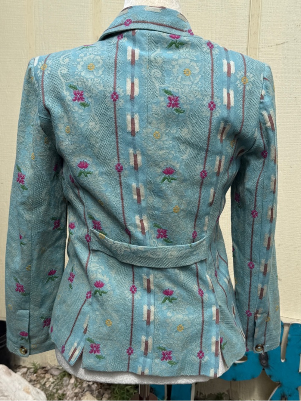 Sundance Blue Jacquard Pattern Print Button Front Blazer Jacket Boho - Picture 4 of 5